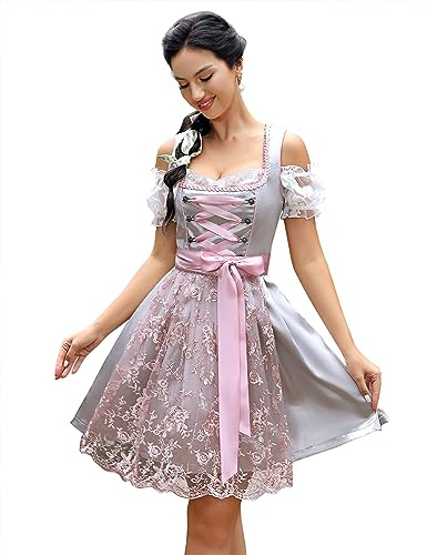 KOJOOIN Damas Dirndl Vestido Tradicional Corto Midi 3 Piezas: Vestido, Delantal, Blusa para Oktoberfest Gris (36)