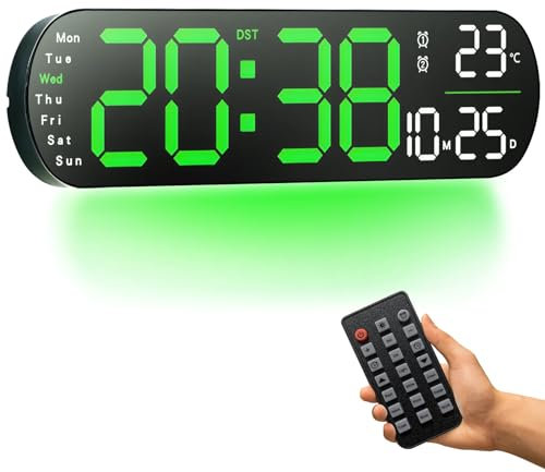 Orologio da parete digitale, 14 grande orologio digitale con telecomando- dimmer automatico/regolabile, 8 luci notturne di colore, 24/12 H orologio da parete per salotto ufficio aula, verde