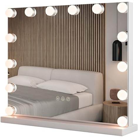 LIFEZEAL Hollywood-upplyst sminkspegel, sminkspegel med 3 färgglada belysningslägen, bordsspegel med 14 dimbara LED-lampor, 50 x 12 x 43 cm