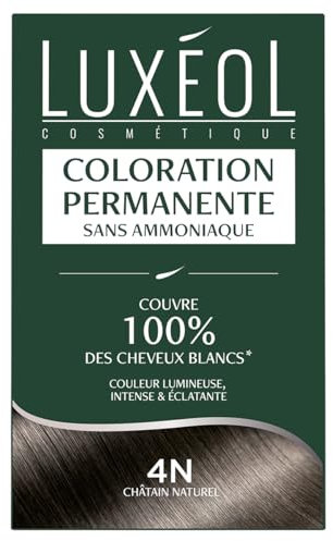 Luxéol - Coloration Permanente 4N Châtain Naturel - Sans Ammoniaque - Couvre 100% des Cheveux Blancs(1) - Longue Durée(2) - Couleur Lumineuse Éclatante Intense - Testée & Approuvée - 60ml, 60ml, 12ml
