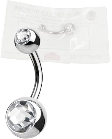 WARRIOR Piercing Ombelico STERILE Acciaio Chirurgico 316L Banana Classico Basic Doppio Cristalli BIANCO 8MM