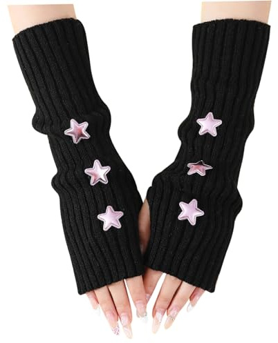 Whyzsjnclg Armvärmare, Söta stjärnor ärmar halva fingerrvärmare kvinnor långärmad Kawaii handledsvärmare för flickor, Svart, en storlek