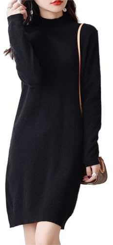 Ailaile 100% Merino Wool Sweater Dress Women's Long Sleeve Mock Neck Pullover Autumn Winter Knitted Long Jumper Black