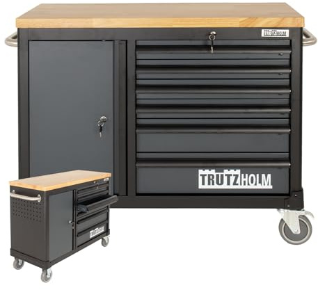 TRUTZHOLM Werkstattwagen Deluxe 6 Schubladen + Tür leer Werkzeugwagen, Rollwagen, Assistent | Arbeitsfläche 108x46,5cm Massivholz Arbeitsfläche Anthrazit