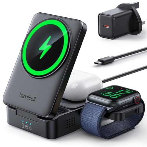 Lamicall 3 in 1 Wireless Charging Station for MagSafe - [Foldable & Portable] Wireless Charger Stand with [Safe Cooling] for iPhone 17/16/15/14/13/12 Series, Apple Watch Ultra/S3-S11, AirPods - Black