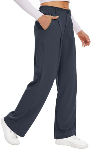 Desol Pantalones largos de gofre, pantalones largos de palazzo, elegantes pantalones de tela, pantalones de traje para mujer, pantalones anchos de verano con bolsillos, cintura alta, pantalones para