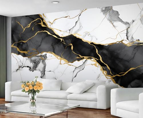 YXQAIED Marble Wallpaper, Black and White Grey Wallpaper for Living Room, Luxury Black Gold Bedroom Wall Paper, Not Self Adhesive Abstract Marble 3D Large Mural & Home Decor Poster, 200x140cm