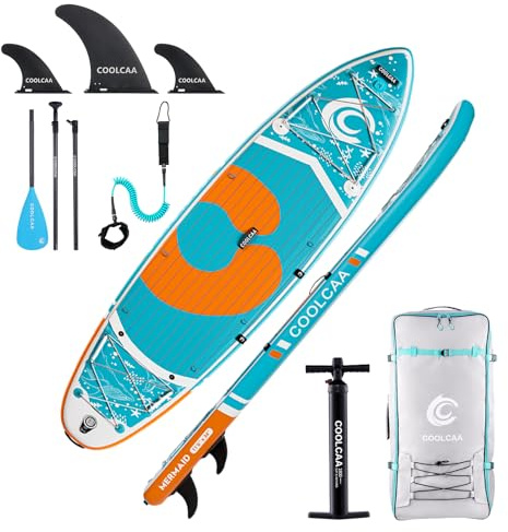 Premium SUP Board Set, Stand Up Paddling Board Aufblasbar mit Flossen, Knochleine, SUP Pump, Paddel, Sup-Rucksack, Für Erwachsene und Aller Könnensstufen, Belastbar bis 210 kg