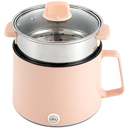 Electric Hot Pot, Mini Cooker 1.7L Noodles Pot Multi-Functional Portable Stock Pot,for Soup Porridge Dumplings Eggs Pasta Steam with Over-Heating Boil Dry Protection,Pink Steamer