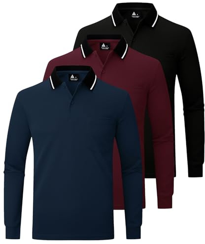 JACKETOWN 3 Pack Mens Polo Shirts Long Sleeve Breathable Work Polo Shirts Adult Casual Multipack Golf T Shirt with Pocket