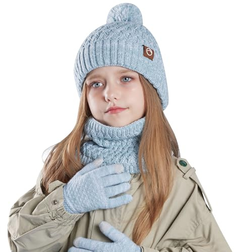 Ensemble bonnet, écharpe et gants d'hiver pour enfants, bonnet chaud en tricot thermique, cache-cou, moufles pour écran tactile avec doublure en polaire douce pour filles et garçons de 4 à 10 ans