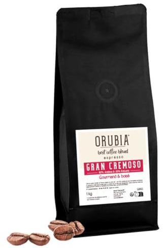 Orubia, Gran Cremoso, Café en Grains, Mélange Arabica-Robusta, Torréfaction Traditionnelle Foncée, 1 Kg, Corsé, Paquet Souple
