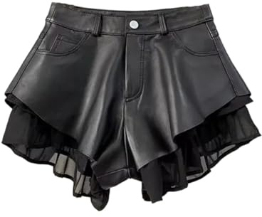 Women Spliced Shorts High Waist Real Sheepskin Ruffles Above Knee Length Short Trousers Black L
