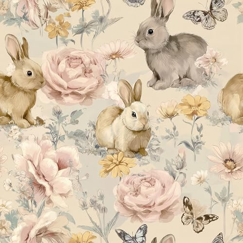 Cotevdkot Removable Wallpaper for Kids, Pastel Bunny & Floral Peel and Stick, Non-Toxic Nursery Mural for Bedroom & Playroom, 17.7x118 Inch