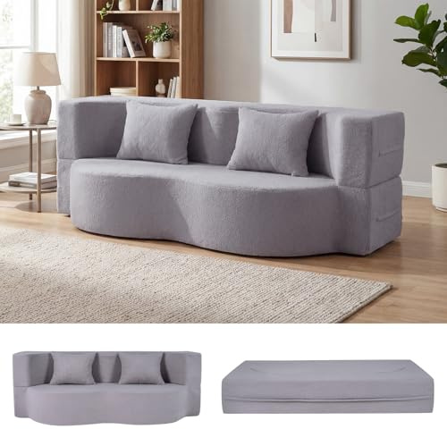 COSTWAY 2 in 1 Divano Letto Pieghevole, Divano a 2 Posti in Pile Teddy con 2 Cuscini Comodi, Nessun Montaggio, Divanetto Convertible Moderno per Soggiorno Camera Ospiti, 192,5x84x62 cm (Grigio)