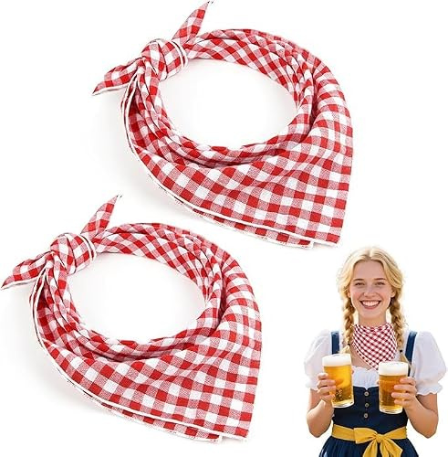 Generisch Lot de 2 foulards rouges et blancs - 45 x 45 cm - Foulard à carreaux pour homme et femme - Accessoire bavarois pour fête de la bière et fête folklorique