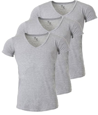 Young & Rich Herren Uni T-Shirt mit extra tiefem V-Ausschnitt Slimfit Stretch Dehnbare Passform einfarbiges Basic Shirt - 3er Pack, Grösse:L, Farbe:Grau