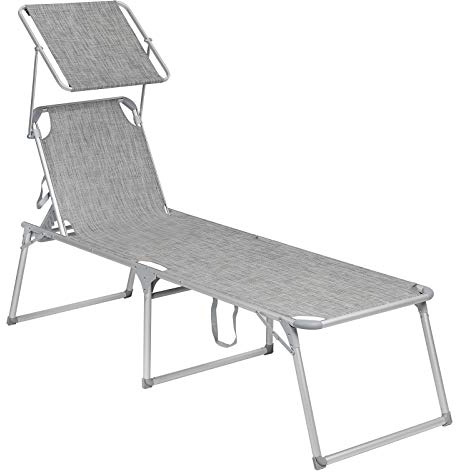 SONGMICS Tumbona, Tumbona de Relación, Modelo Grande, 65 x 200 x 48 cm, Carga 150 kg, con Respaldo Reclinable y Parasol, Plegable, para Jardín, Balcón, Gris y Blanco GCB26TG