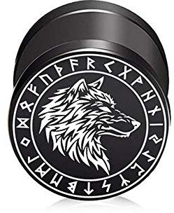 BlackAmazement 316L Edelstahl Fake Plug Piercing Ohrstecker Wolf Germanen Wikinger Kelten Runen Schwarz 10mm Damen Herren (Modell 1)