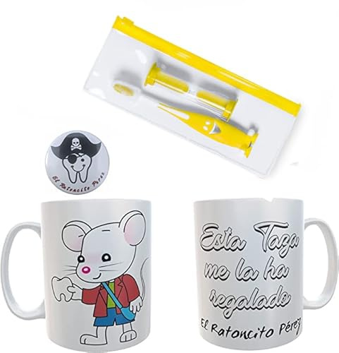 Pack de Taza desayuno ratoncito perez + chapa divertida Ratoncito Pérez+ Cepillo de Dientes - regalo ratoncito perez niña (Amarillo)