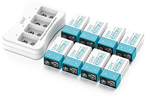 czvv Pilas Recargable 9V Lithium - Capacidad Alta Ultra 850mAh - 1300 Ciclos - 8 Pack Baterias Litio 8,7V con Cargador Rápido 2H, Larga Duración 10 Años, Salida Constante para Detector de Humo, Radio