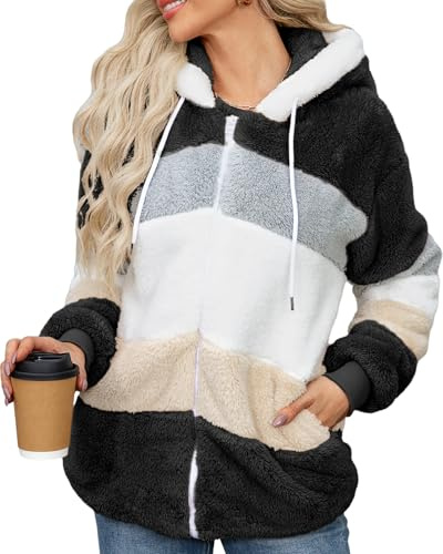 Yuson Girl Manteaux Polaire Zippée pour Femme Hiver Veste Chaude à Capuche Sherpa Doublure en Peluche Outercoat Doux Ample Épaissir Blouson Chaud Décontractée Veste Avec Poches