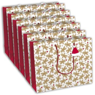 Eurowrap - X-30894-6Cpack - Un lot de 6 sacs cadeaux Noël - Grands formats 37,3x11,8x27,5cm - Pain d'épices - Qualité supérieure, résistant :210g - idéal pour : jeux de société, puzzles, coffrets
