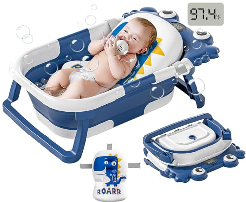 Bañera plegable para bebés recién nacidos a niños pequeños con monitor de temperatura en tiempo real y cojín flotante, bañera de viaje portátil para 0-36 meses, bañera plegable para bebés y niños