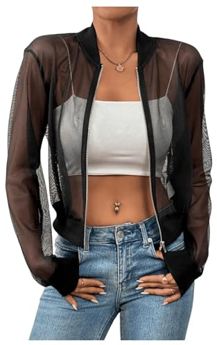 GORGLITTER Women's Mesh Sheer Open Front Zip Up Cropped Jackets Long Sleeve Sexy Outwear Coat Black M