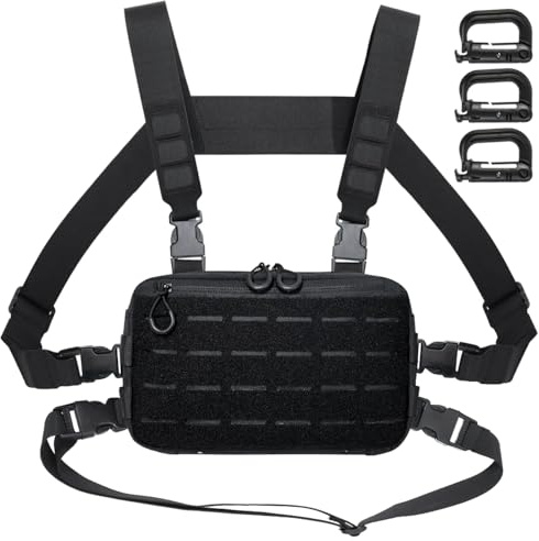 MUCHER Pecho Rig Pack Bolsa de Pecho táctico para Hombres Correr Radio Walkie Bolsa de Pecho con 3 Ganchos para al Aire Libre Senderismo Caza Camping Entrenamiento