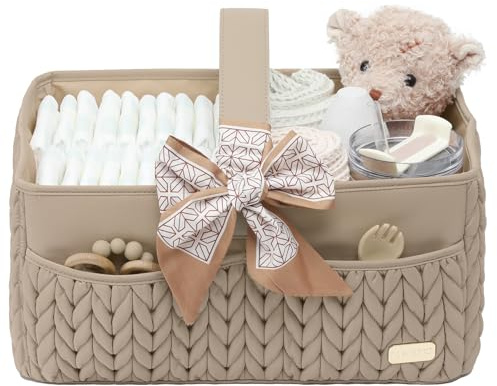 LUKJOJO Luxurious Baby Diaper Caddy, Nursery Storage Basket for Newborn Essentials, Travel Baby Basket for Diapers Baby Wipes, Organizer Tote Bag Storage Bin, Baby Shower Gifts(Beige)