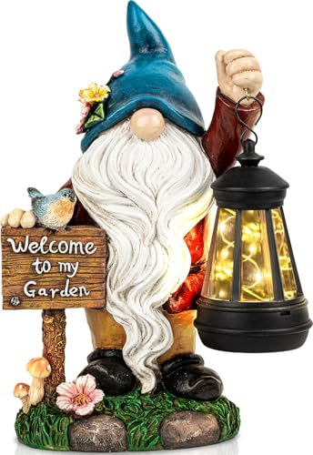 C&Y&G&X Garden Gnome Statue,Outdoor Gnome Decor Solar Lantern Lights and Welcome Sign,Yard Art Decorations, Ideal Housewarming Gift