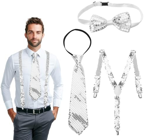 UOCAI 3 stycken paljetthängslen set, glitter outfit män glitter fluga hängslen slips disco kostym karneval tillbehör för disco karneval halloween temafest, silver, L