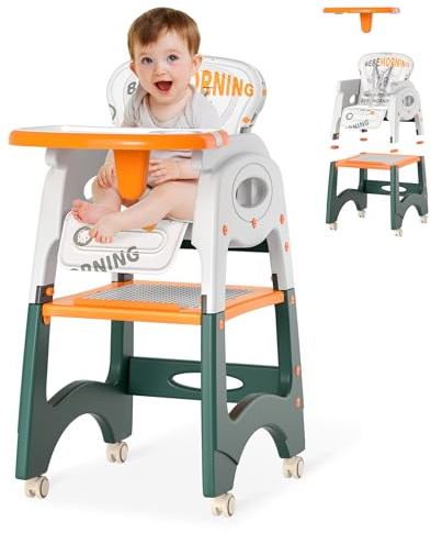 XMTECH Trona infantil 6 en 1 para bebés y niños pequeños con cinturón de seguridad, silla de comedor a partir de 6 meses, respaldo ajustable, mesa de aprendizaje, mesa y silla, mesa de construcción