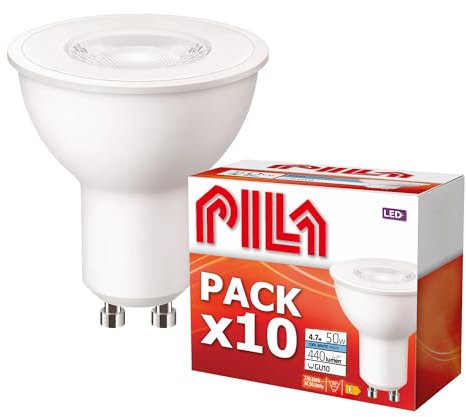 PILA Pack de 10 Bombillas LED GU10, 4.7W (= 50W), Luz Blanca Neutra (4000K), 460 Lúmenes, 36º (Luz de acento), No regulable, CRI80, 15.000h de Vida Útil