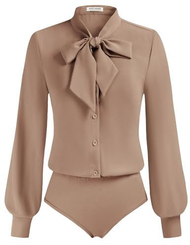 Kate Kasin Womens Button Down Shirt Business Casual Work Professional Blouse Dress Casual Bow Tie Neck Bodysuit Tops Camel S