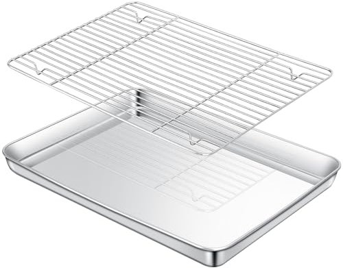 Cozary Teglie da Forno con Griglia di Raffreddamento in Acciaio Inox,40x30x2.5cm, 304 Acciaio Inox,Lucida e Antiruggine, Atossica e Sana, Lavabile in Lavastoviglie