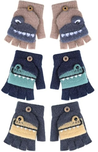 Geyoga 3 Pairs Winter Fingerless Gloves for Kids Convertible Knitted Mitten Gloves Warm Half Finger for Boys Girls 5-10 Year(Dark Grey, Navy Blue, Brown)