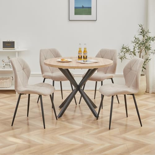 GrandCA HOME Juego de Mesa y Sillas de Comedor, Mesa de Comedor Redonda de 100 CM y 4 Sillas Modernas de Lino, para Comedor, Cocina, Sala de Estar (Claro + Caqui)