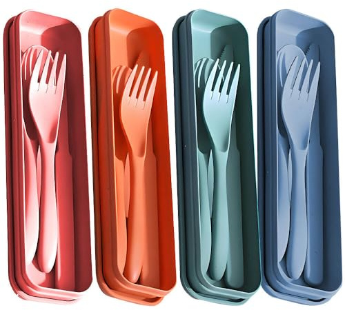 4 Sets Portable Travel Cutlery Set with Case, Reusable Plastic Camping Cutlery Sets, Plastic Cutlery Set with Spoons Fork Knife for Picnic Camping (Orange, red, Blue, Green)