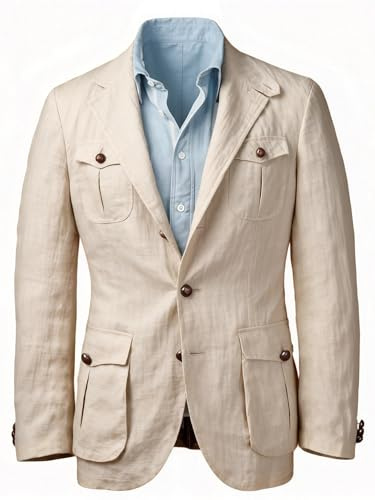 RAJEGAR Chaqueta casual para hombre, ligera, de mezcla de lino, chaqueta deportiva de safari de un solo botonadura para uso diario, negocios, boda, beige, XXL