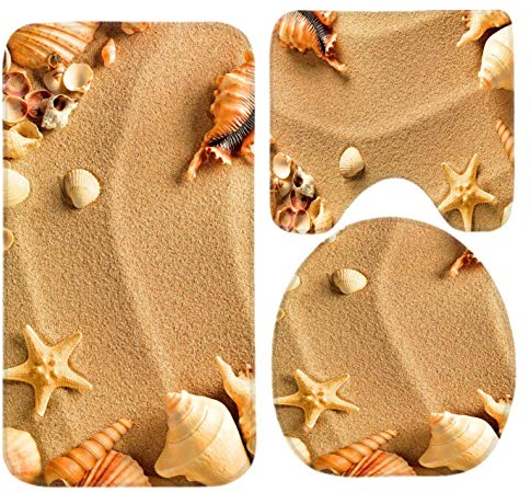 RedBeans WC-Garnitur Strandmuschel, Sand 3-teiliges Badezimmer-Set - Matte, Teppich, rutschfester Konturteppich, WC-Deckelbezug und Badematte