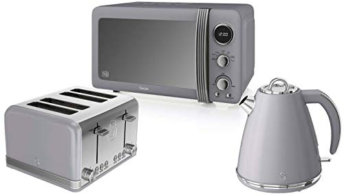 Retro Kitchen Pack by Swan - Digital Microwave 800w 20L, Jug Kettle 1.5L and 4 Slice Toaster - 3 Appliances for A Modern Kitchen Design (Grey)