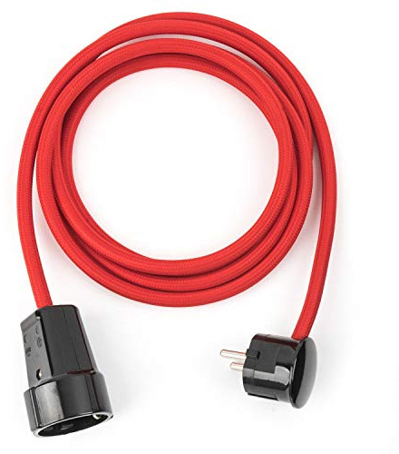 5m Textil Verlängerungskabel ROT, Textilkabel mit Schuko-Winkelstecker und Kupplung aus Duroplast (Bakelit Optik)