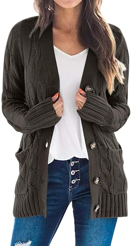 PRETTYGARDEN Women's Open Front Cardigan Sweaters Fall Fashion Button Down Cable Knit Chunky Winter Clothing Outerwear Coats (Dark Grey,Medium)