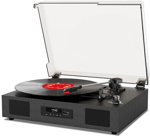 Record Player Bluetooth Turntable with Built-in Speaker, USB Recording Audio Music Vintage Portable Turntable for Vinyl Records 3 Speed, LP Phonograph Record Player, Black