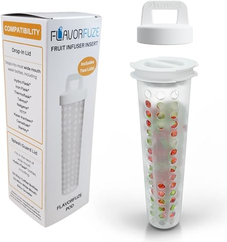 FlavorFuze Pod - Fruit Infuser Insert with Two Lids, Compatible with Hydro Flask, Iron Flask, Takeya, ThermoFlask and Similar Wide Mouth Bottles (White)