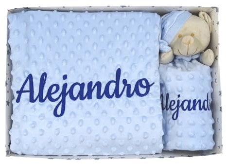 variouss Manta de Bebe Personalizado con su Nombre Bordado, Incluye DouDou, Manta Suave para Cochecito, Capazo o Cuna, Regalo de Nacimiento o Baby Shower ((Azul)