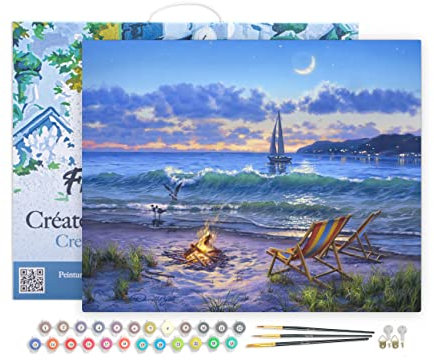 Figured'Art Pintar por Numeros Adultos con marco Vista A La Playa - Manualidades pintura acrilica Kit Cuadro DIY completo - 40x50cm con bastidor montado
