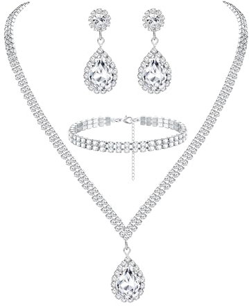 CASSIECA Bridal Jewelry Set for Wedding Simple Necklace Teardrop Dangle Earrings Bracelets Crystal Prom Bridal Bridesmaid Tennis Jewelry Set